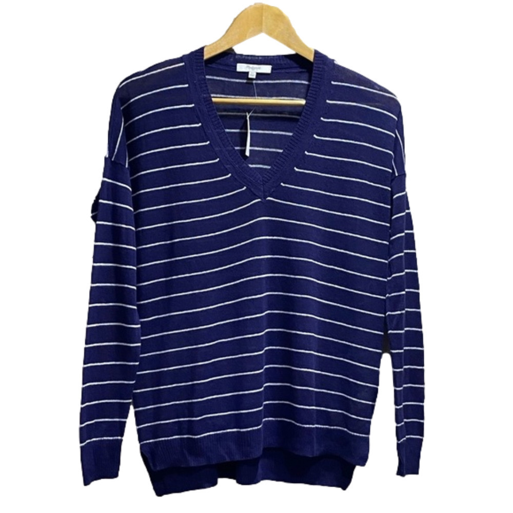MADEWELL Blue and White V-neck Linen Blend